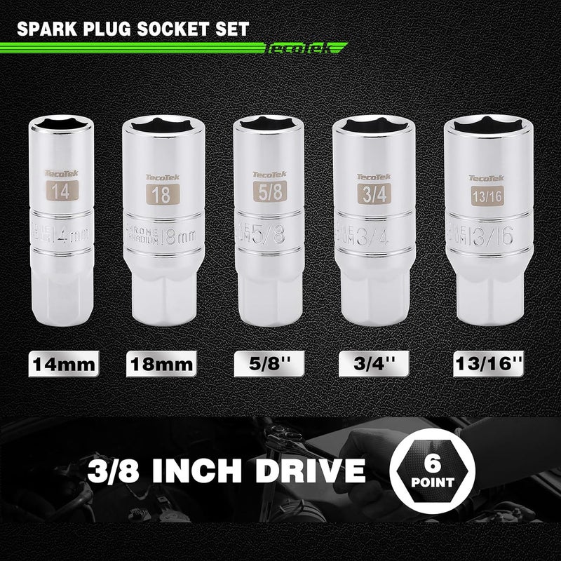 TecoTek 17-Pieces Drive Tool Accessory Set, Spark Plug Socket Set, Includes 1/4" & 3/8” Drive Extension Bar, Socket Adapter, Universal Joints, Spark Plug Sockets, Professional Socket Accessories, Cr-V - Image 4